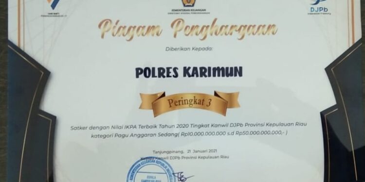 Dua Penghargaan Kembali Diraih Polres Karimun