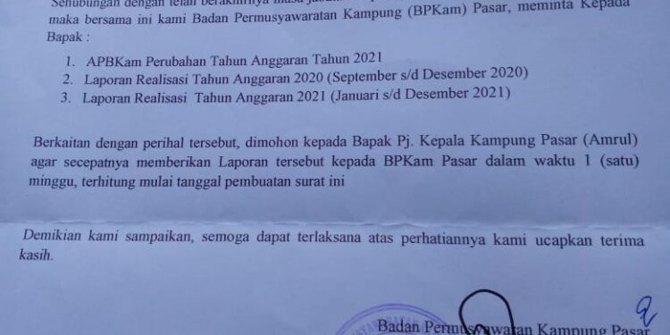 BPKam Tegaskan Pj. Keuchik Pasar Singkil Serahkan APBKam Perubahan 2021