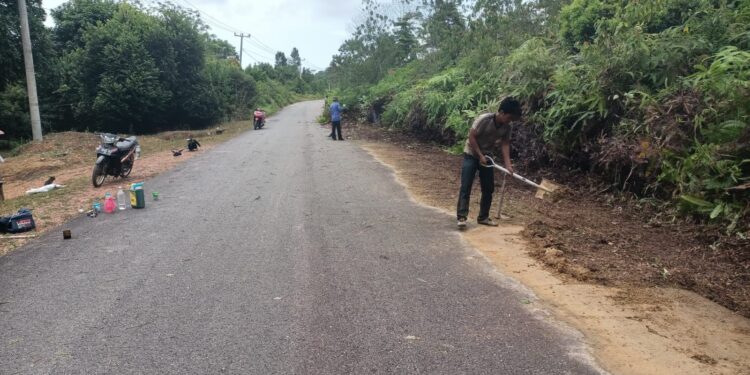 Masyarakat Bersihkan Bahu Jalan Provinsi di Kecamatan Lingga Timur