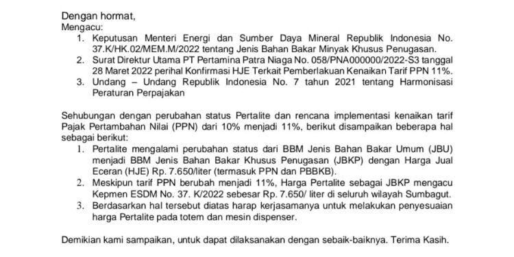 Harga Pertalite Khusus Naik Menjadi Rp 7,650Perliter