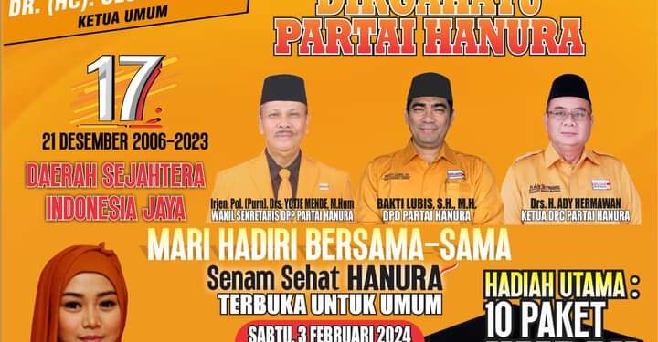 DPP HANURA Kepri Gelar Senam Sehat Bertabur Hadiah Peringati HUT Partai Hanura ke- 17, OSO dan Mahfud MD Bakal Hadir