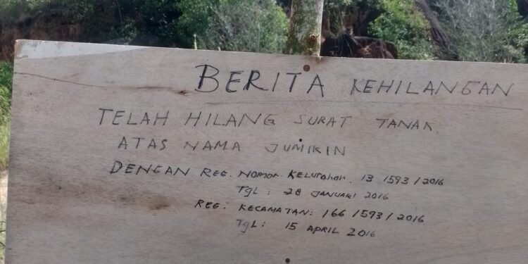 Pengumuman : Berita Kehilangan Surat Tanah Sporadik Milik Jumikin