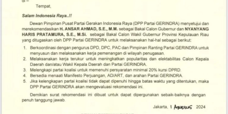Partai Gerindra Usung Nyanyang Dampingi Ansar Maju Pilkada Kepri