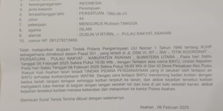 Aniaya Ibu Rumah Tangga, Pria Bertato Dilaporkan ke Polres Asahan