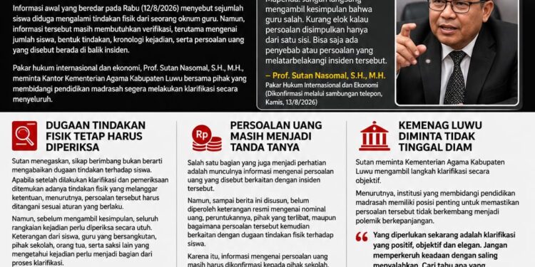Dugaan Guru Tempeleng 10 Siswa MTsN Luwu Disorot, Prof. Sutan Nasomal Minta Kemenag Buka Kronologi Kasus Guru Tampar 10 Siswa