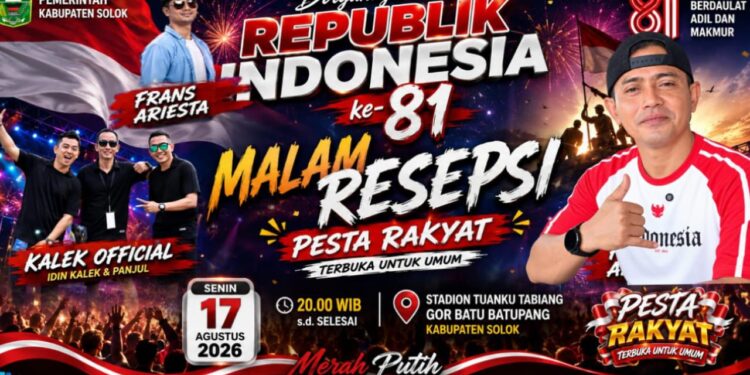 RAYOLA, KALEK & FRANS Ariesta  Bakal Mengguncang GOR Batu Batupang di Malam Resepsi HUT RI ke-81 Kabupaten Solok.